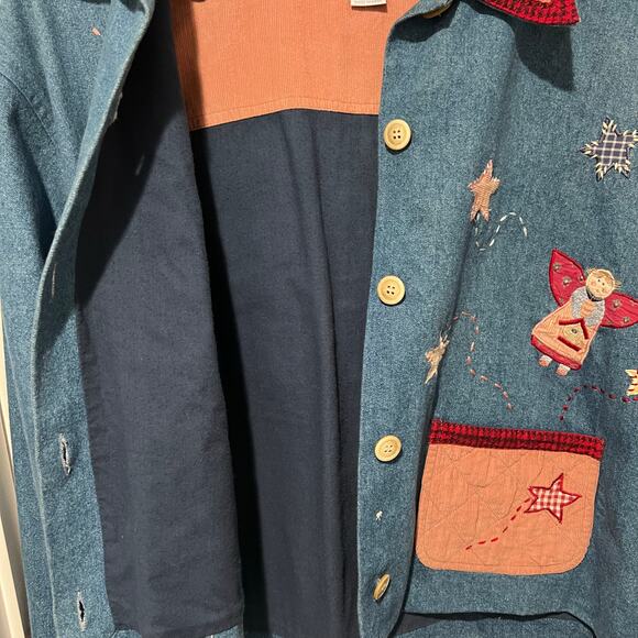 Vintage Casey Coleman Denim Embroidery Angels Lined Shacket M/L Corduroy Pockets - Picture 7 of 15